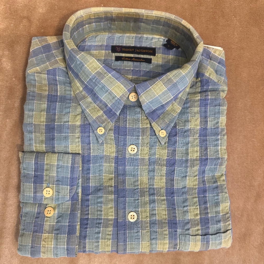 New Henry Jacobson, size Large, blue/sea foam cotton seersucker sport shirt